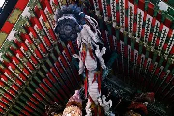 <p>Notice the difference between the Yomeimon Gate at Nikko Toshogu Shrine and this 'Koyomon Gate' - a replica. The decorative relief carvings and colorings far exceed the original gate</p>
